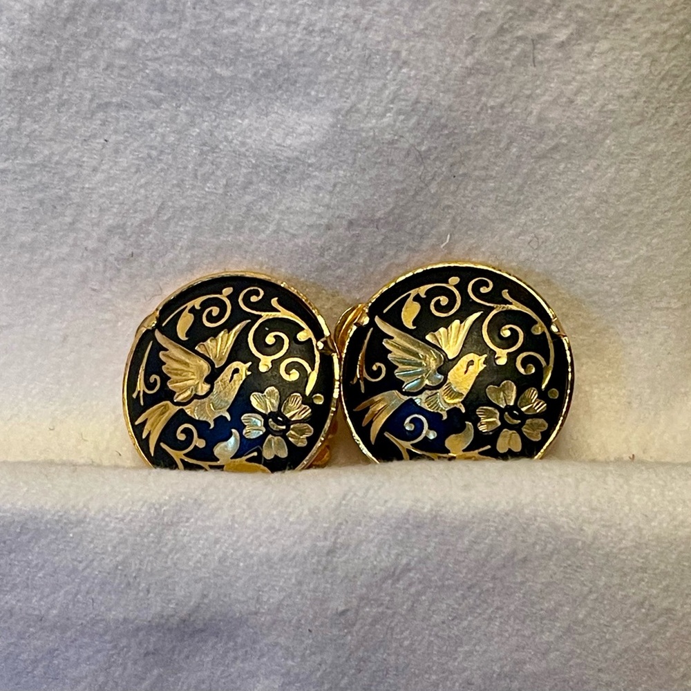 Vintage Damascene Bird and Floral Round 
Clip Earrings